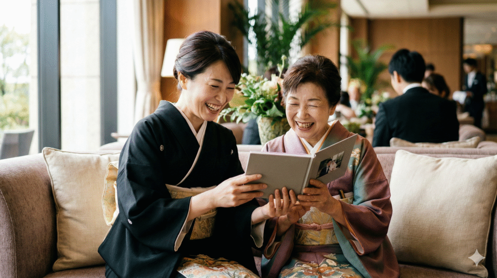 結婚式の待合室で、アルバムを見ながら楽しそうに笑い合う新郎新婦の母と祖母の写真