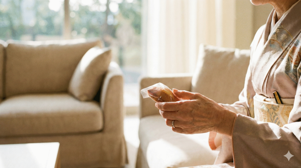 着物の女性がフィナンシェを握る