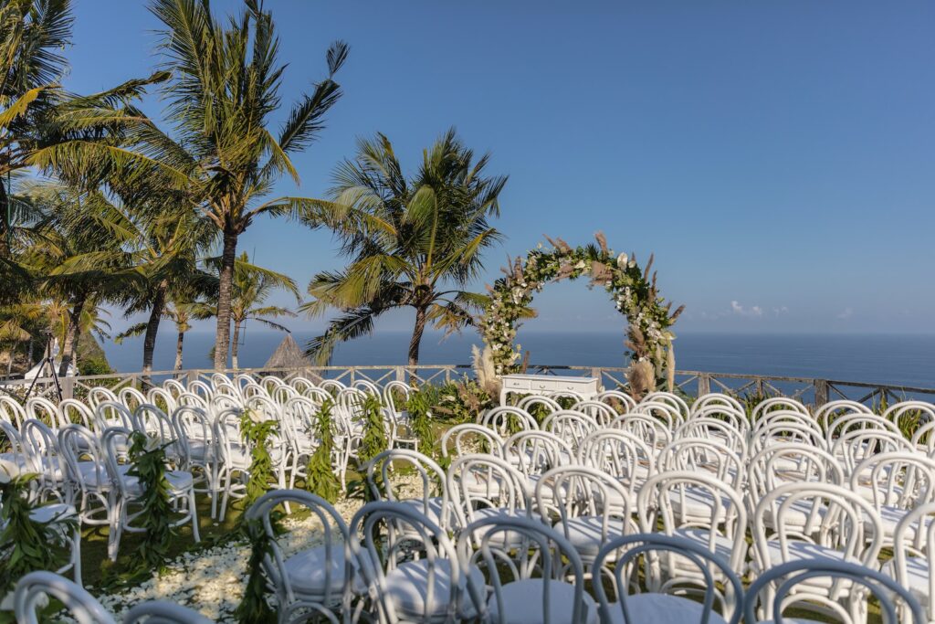 green palm tree and white chairs