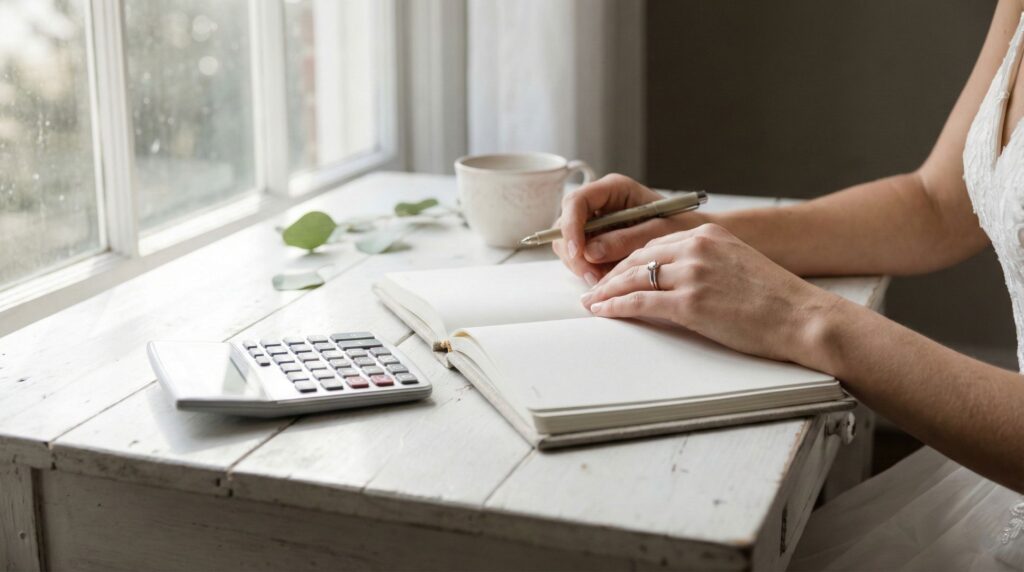 結婚式の見積もりと電卓を見ながら予算を真剣に検討する花嫁の手元
