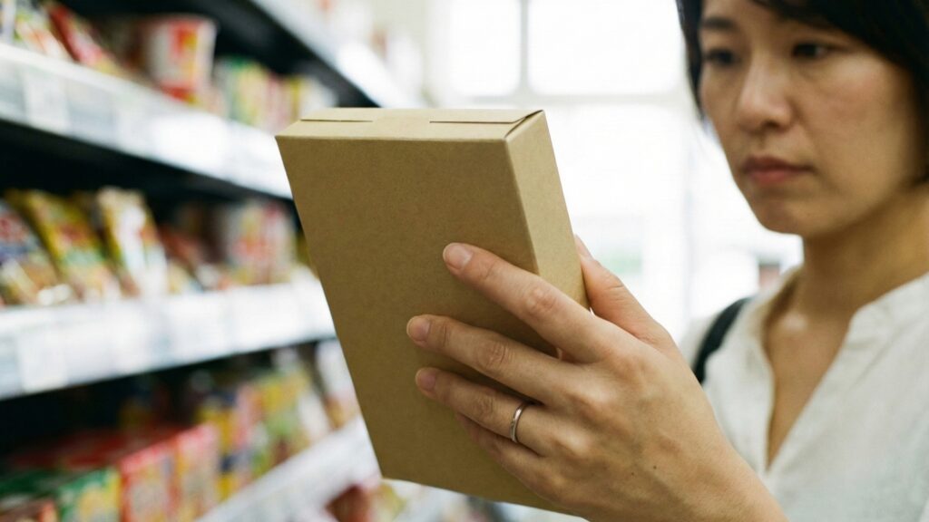 食品の塩分量を確認するためにパッケージ裏の成分表示を見る女性