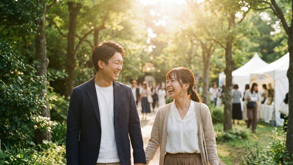 ハナユメの式場見学キャンペーンでブライダルフェアに参加するカップル