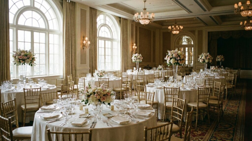 自然光が差し込む高級ホテルの豪華な披露宴会場とテーブルコーディネート