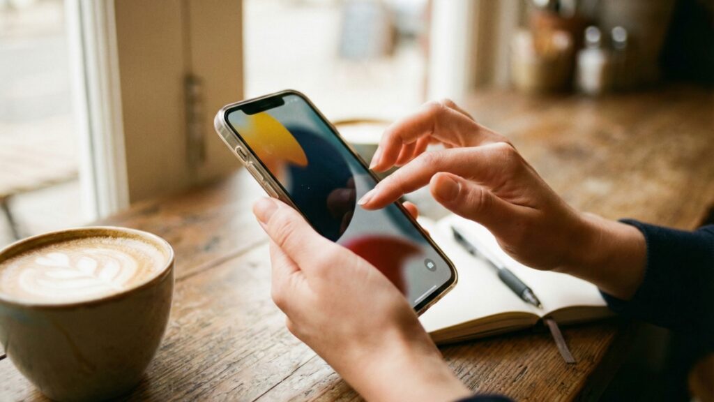 スマホで結婚式ムービーの写真を選定・編集している手元