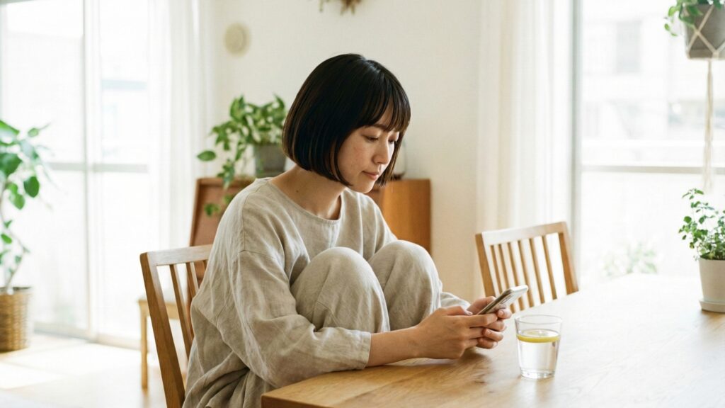 結婚式1週間前のスケジュールをスマホで確認しながら水を飲む花嫁