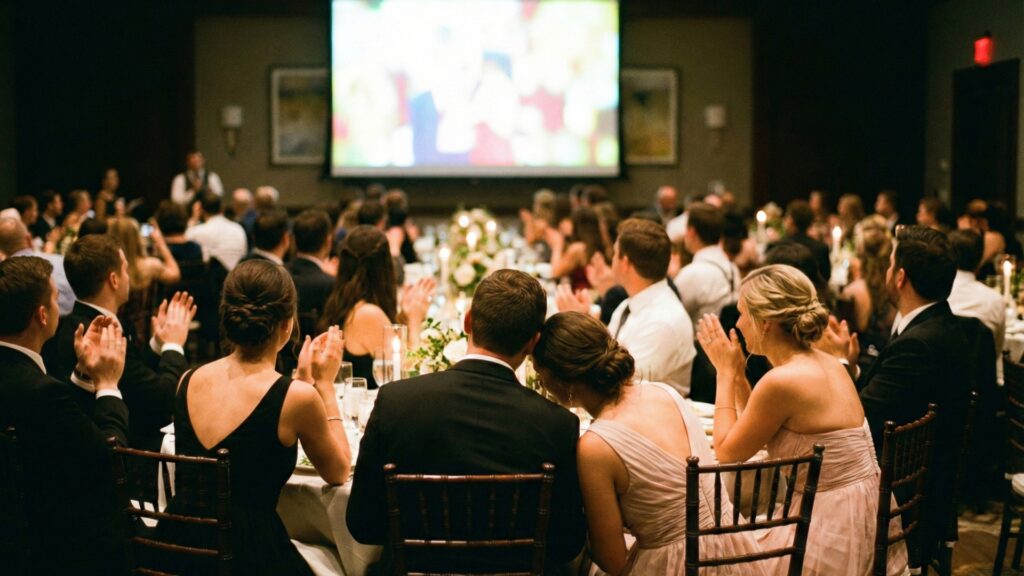 :結婚披露宴会場のスクリーンで自作ムービーが上映されている様子