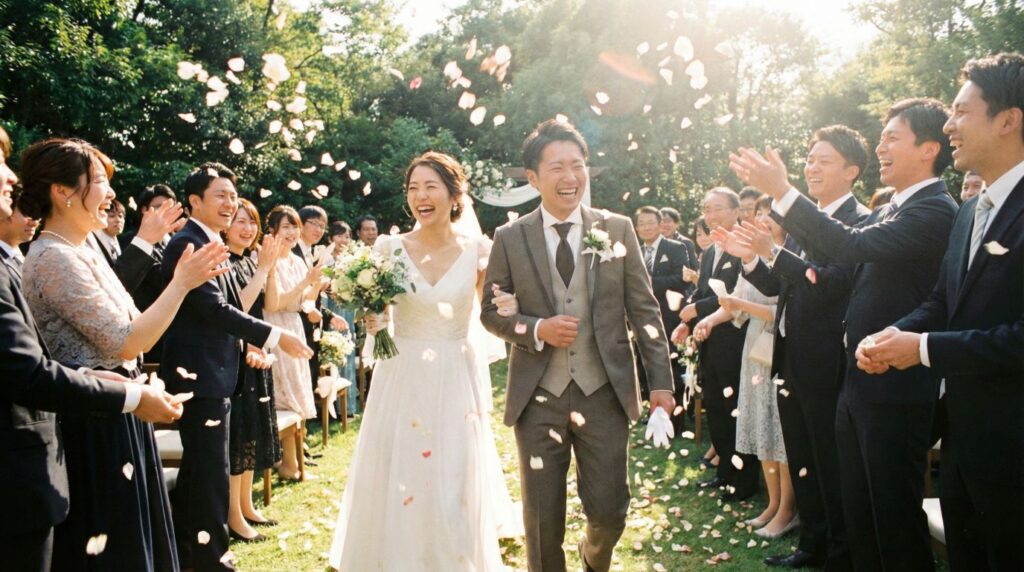 フラワーシャワーで祝福される笑顔の新郎新婦