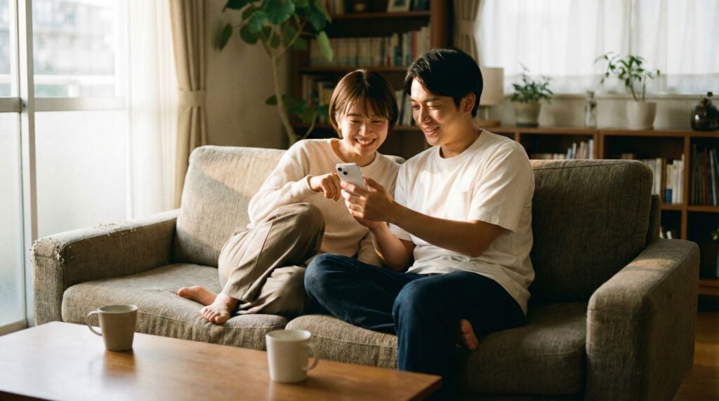 スマホで結婚式場検索サイトを見て安心する新郎新婦