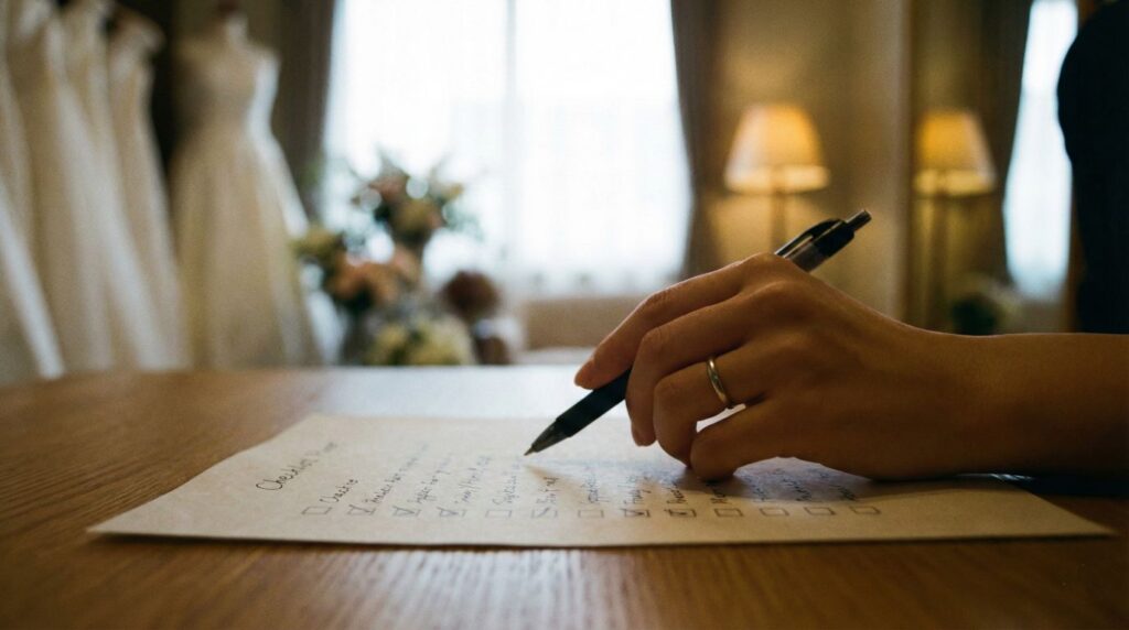 結婚式の見積もり書とチェックリストを確認する花嫁の手元