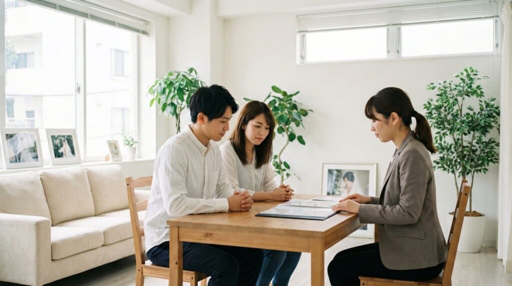 ブライダルサロンでプランナーと費用の仕組みについて真剣に相談するカップル