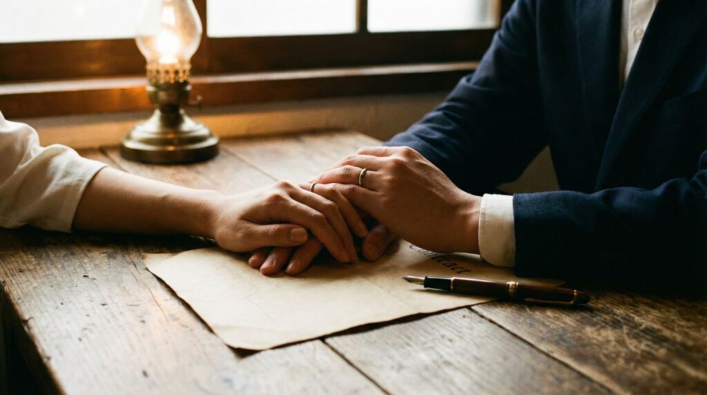 結婚式場の契約書にサインをする前の確認シーン