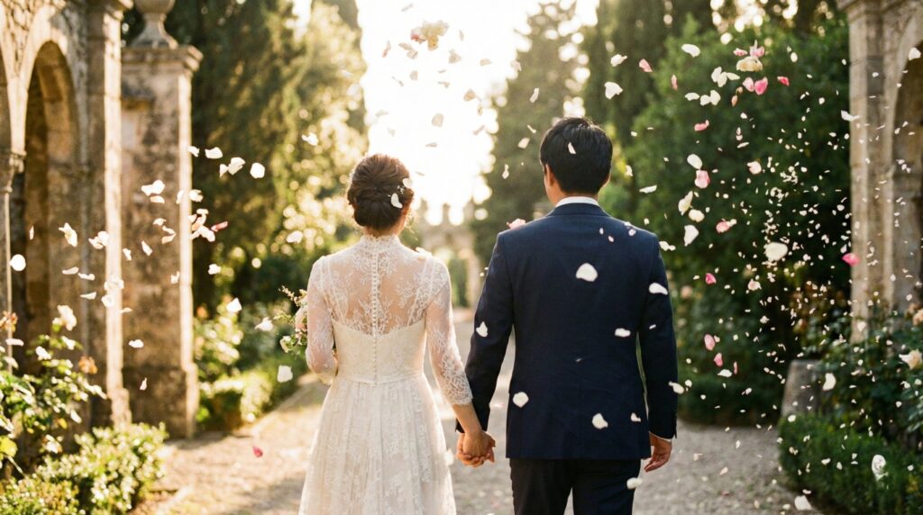 値引き交渉を成功させ理想の結婚式を挙げて未来へ歩み出す新郎新婦の後ろ姿