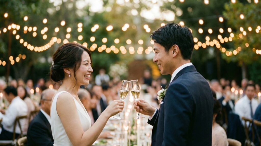 ナイトウェディングのキャンドルと電飾の中で乾杯する新郎新婦