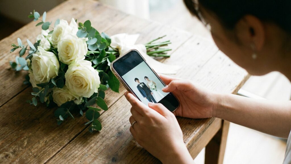 スマートフォンで結婚式のWeb招待状を作成・確認する花嫁の手元