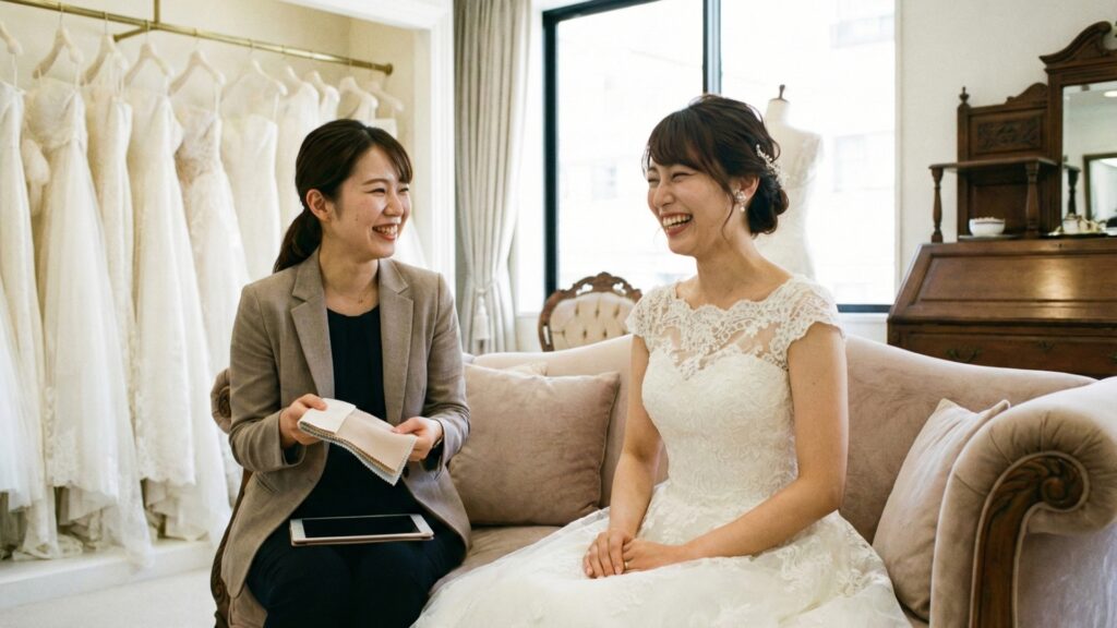 ウェディングドレスの試着中に笑顔でスタッフに体型の悩みを相談する花嫁