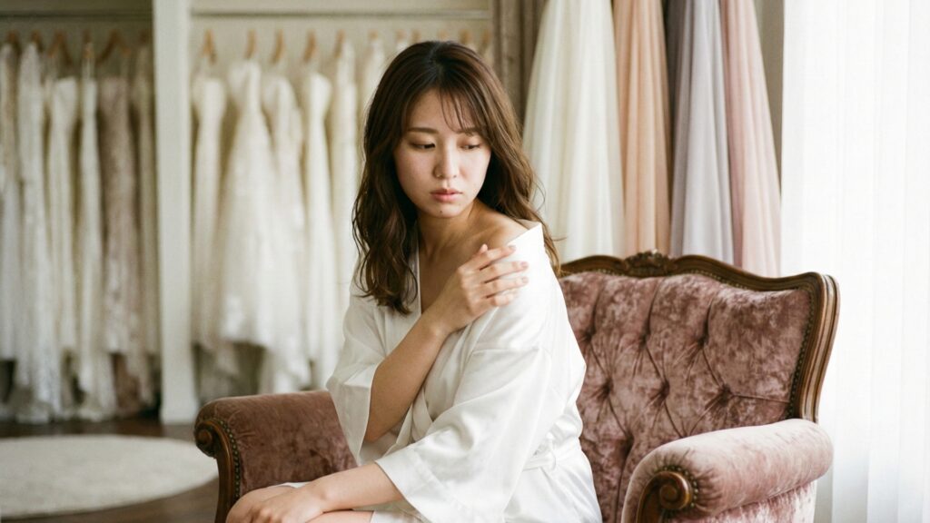 ドレス試着前に自分の体型や二の腕を気にして少し緊張している花嫁の様子