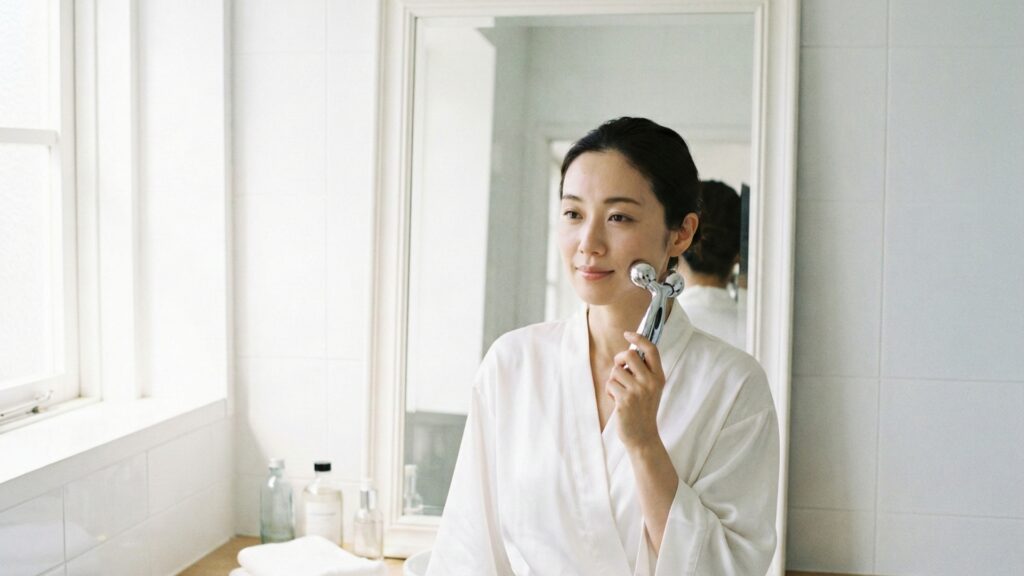 結婚式当日の朝にレンタルした高級美顔器でむくみケアをする花嫁の準備風景