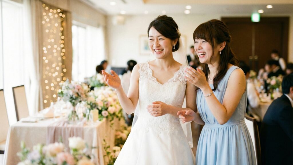披露宴で友人と談笑する幸せそうな花嫁