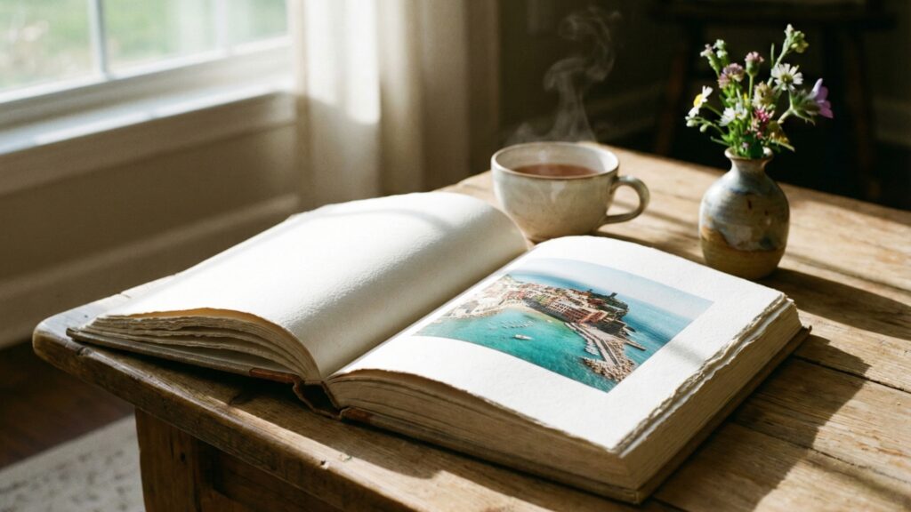 テーブルの上で開かれた旅行特集のカタログギフトとティーカップ