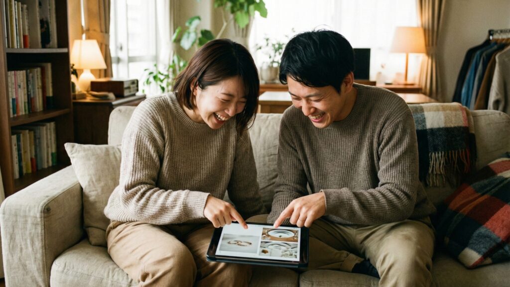 タブレットで引出物のネットショップを見ながら相談する新郎新婦