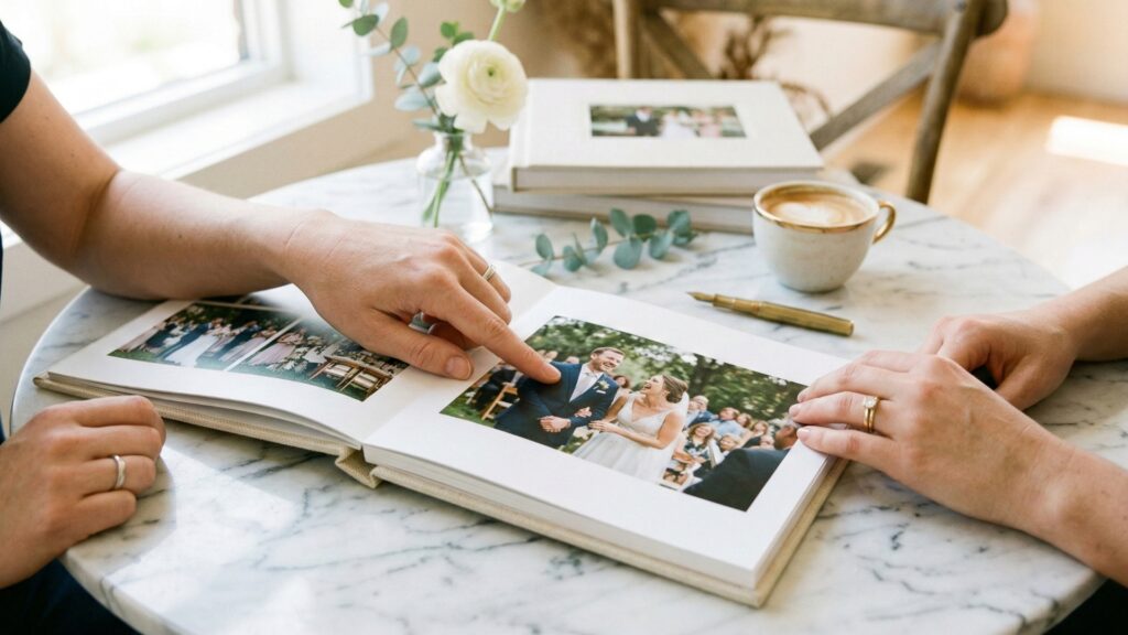 明るいテーブルでウェディングアルバムを開いて相談する様子