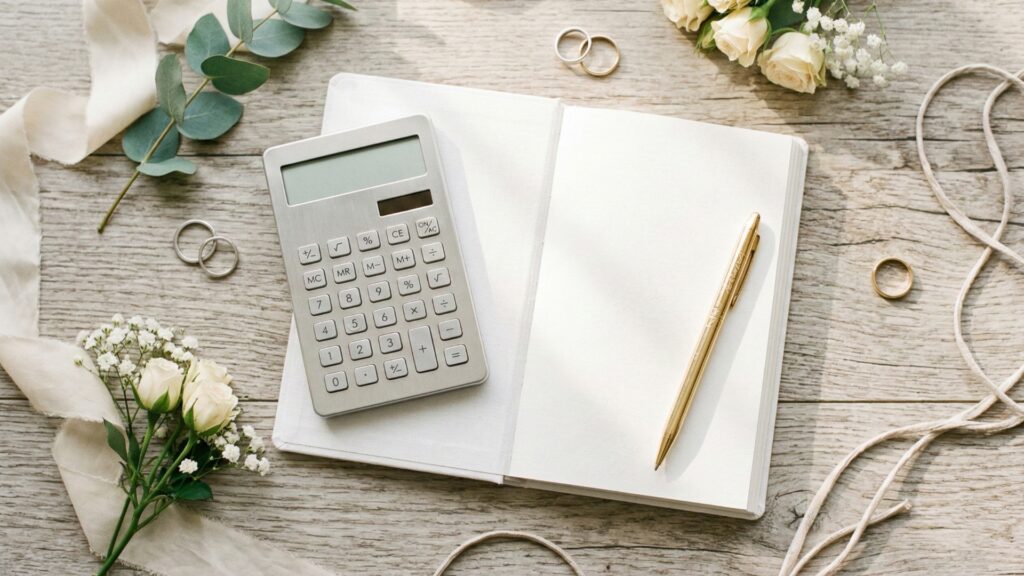 木製のテーブルに置かれた電卓とノート