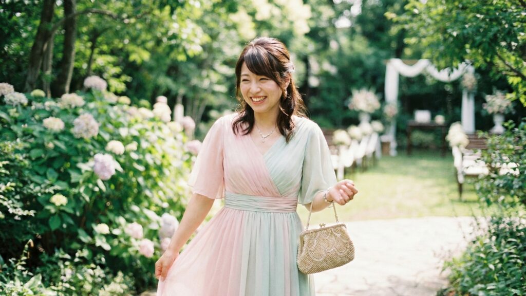 引出物宅配を利用し、クラッチバッグ一つで身軽に帰る女性ゲスト