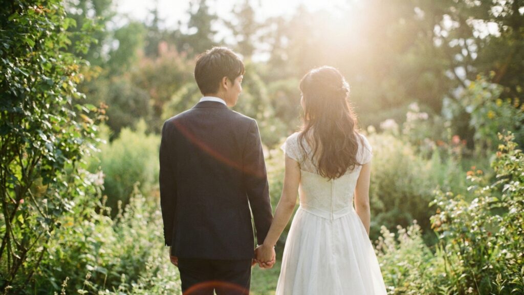 結婚式当日を迎えた幸せな新郎新婦の後ろ姿