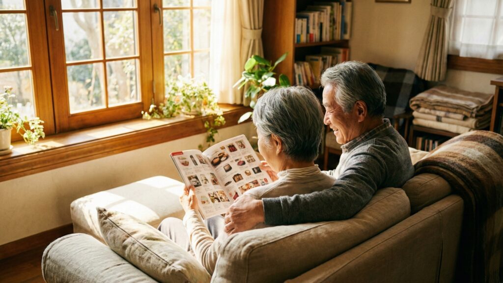 カタログギフトを仲良く選ぶ両親世代の日本人夫婦の後ろ姿