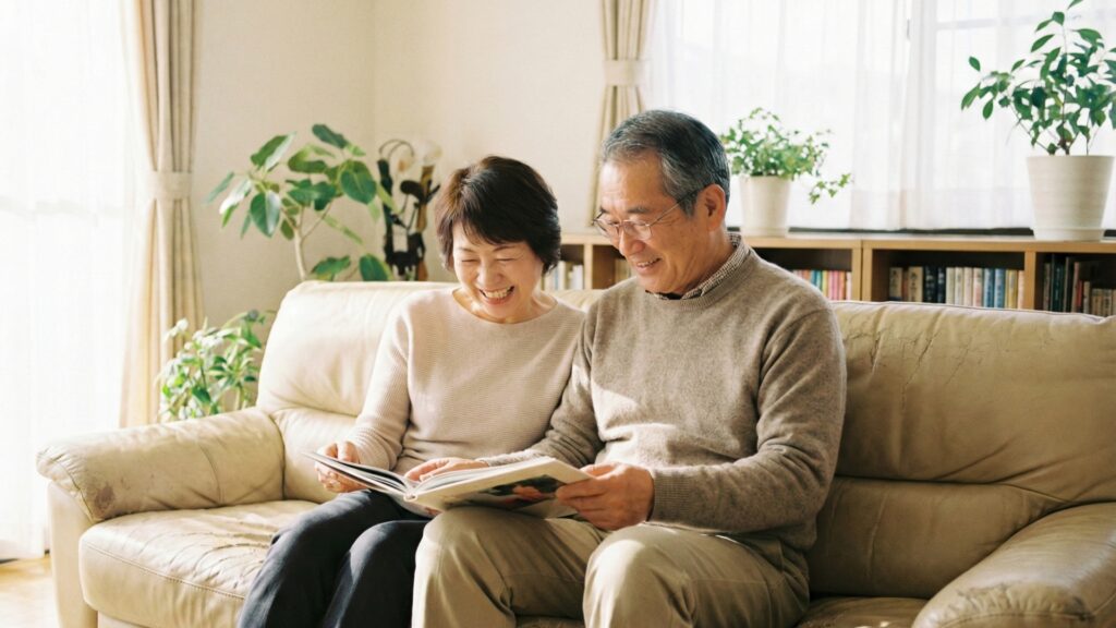 カタログギフトを嬉しそうに眺める両親世代の仲の良い夫婦