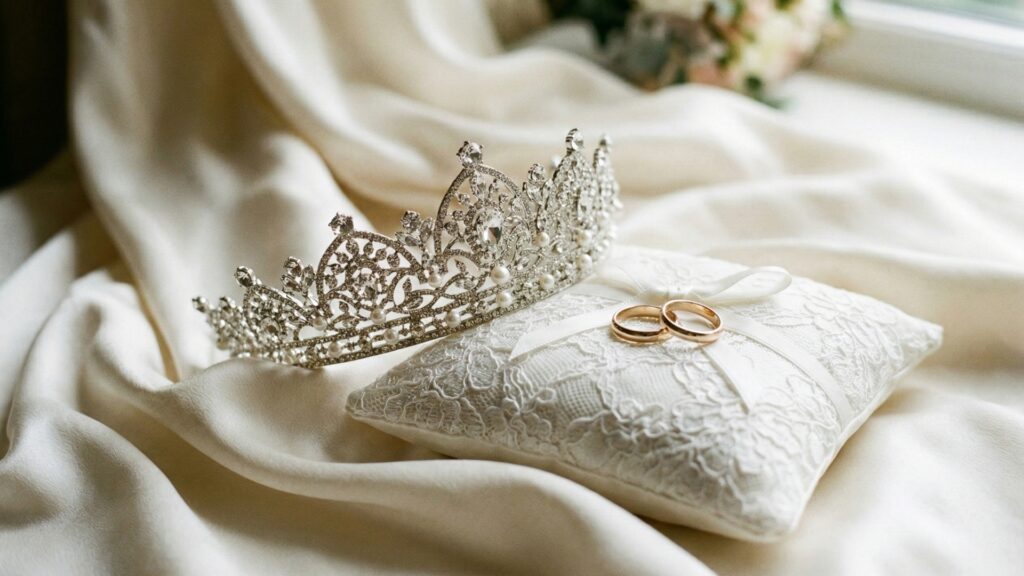 シルクの布の上に置かれたティアラとリングピロー