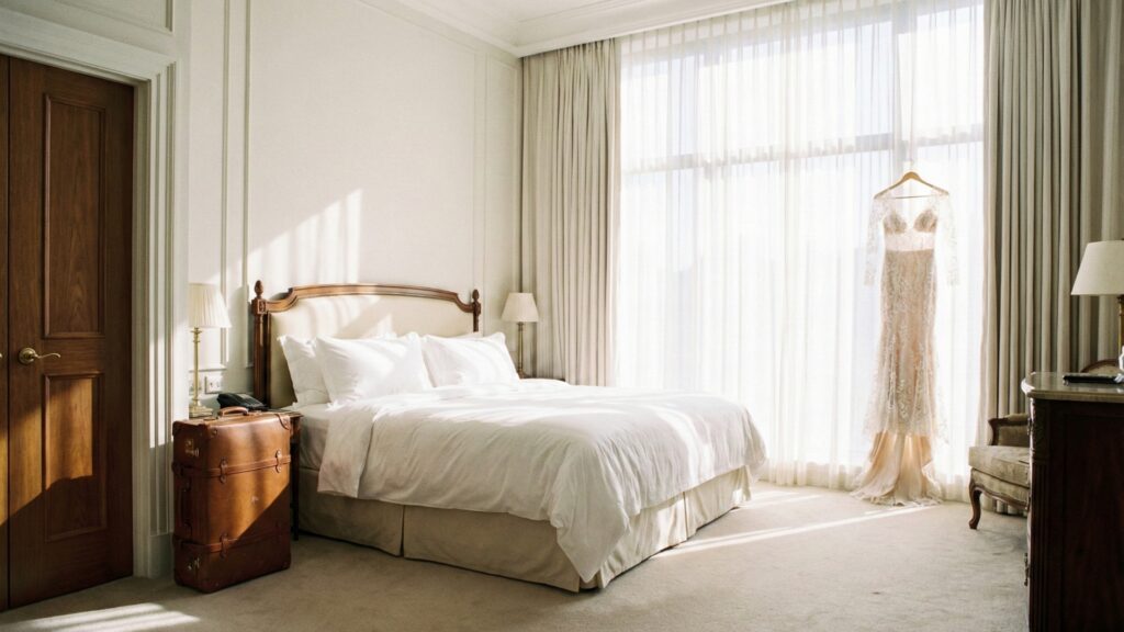 自然光が差し込む清潔で高級感のあるホテルの客室