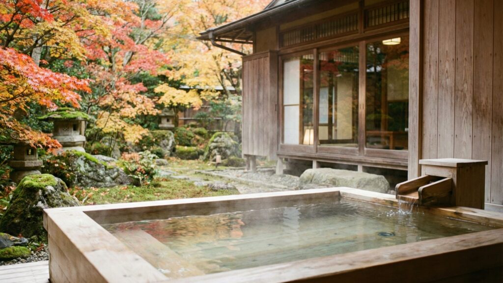 両親へのギフトとして人気のある高級温泉旅館の露天風呂の風景