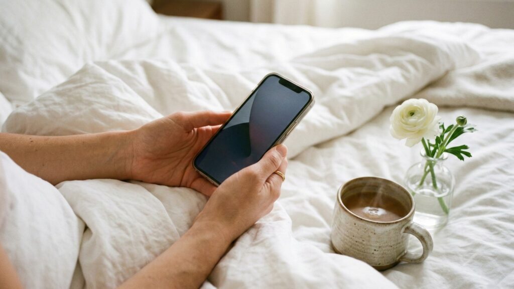 ベッドでくつろぎながらスマートフォンを見る手元