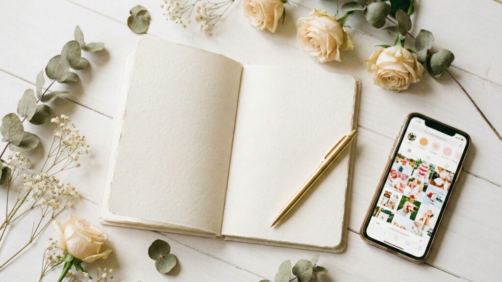 結婚式の準備でスマホと手帳を使い効率的にギフト選びをする様子