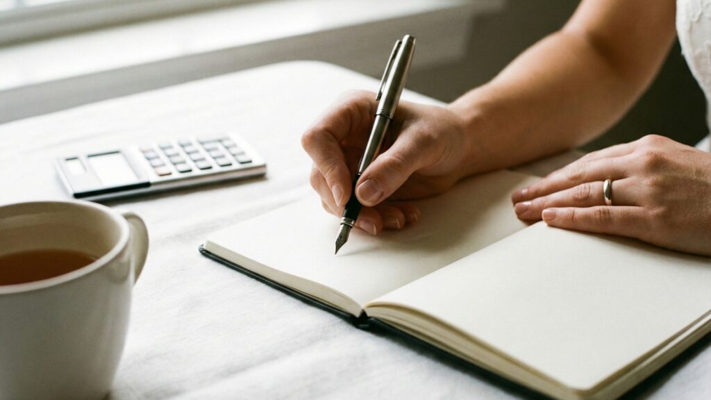 結婚式の引出物リストと予算をノートにまとめる花嫁の手元