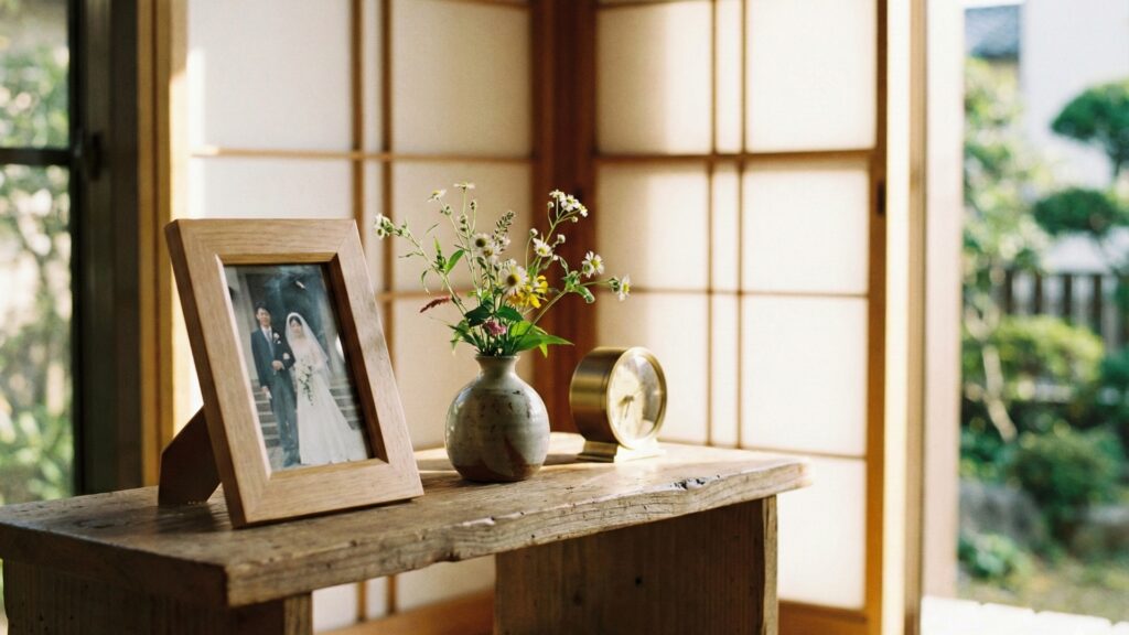 結婚式後の実家のリビングに飾られた記念品と穏やかな空間