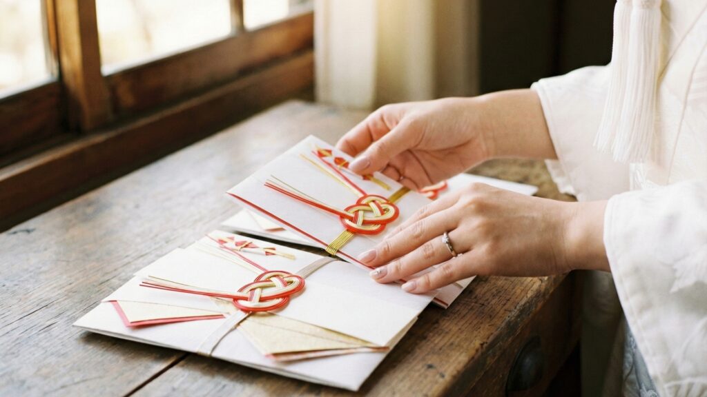 遠方ゲストへのお車代と宿泊費の封筒を準備する手元